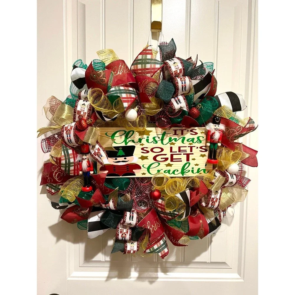 Christmas Nutcracker Holiday Ribbon Door Wreath Handmade 22 ins LED W4